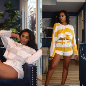 Women's striped stitching contrast color T-shirt casual sports two-piece suit A8629