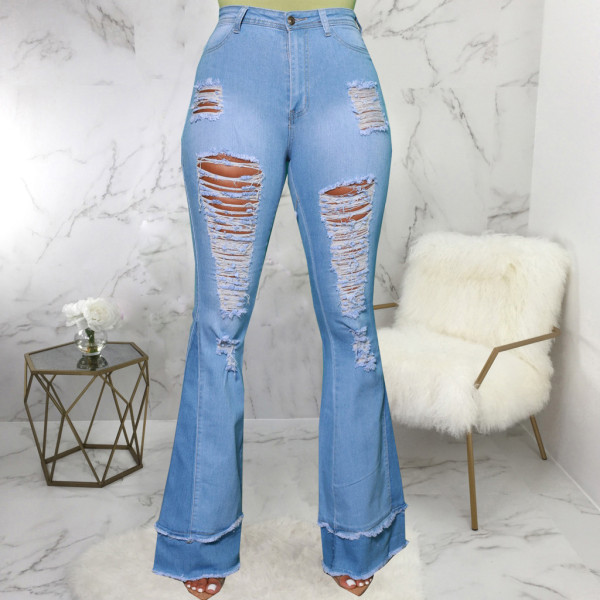 Sexy fashion all-match splicing hole stretch slim flared pants HSF2585