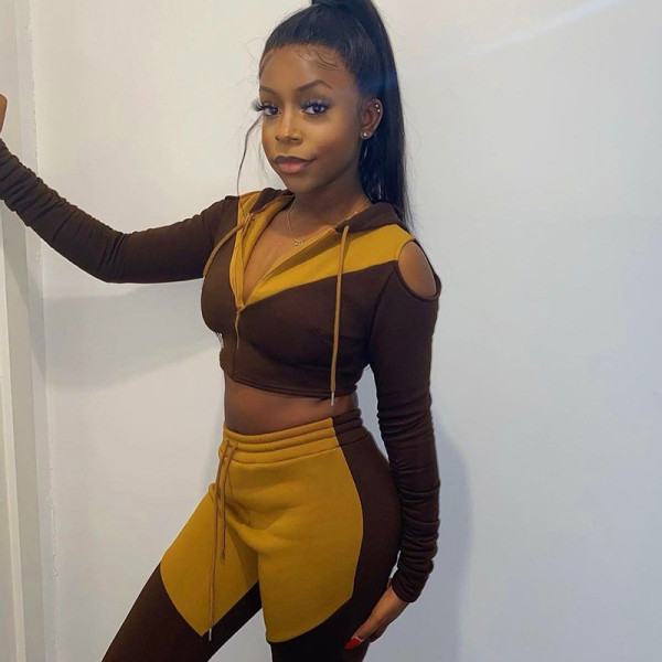 2021 autumn new women's sexy strapless contrast color stitching hooded sweater casual sports suit women K21S05763