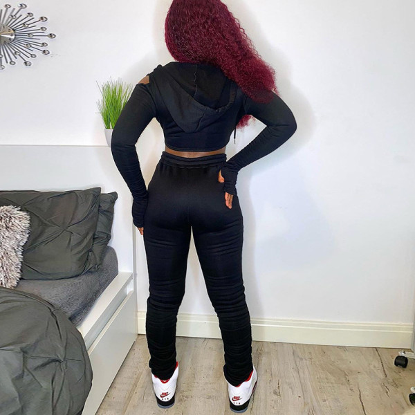 2021 autumn new women's sexy strapless contrast color stitching hooded sweater casual sports suit women K21S05763