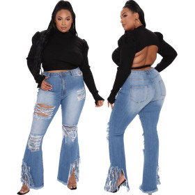 Fashion fringed hole stretch slim fit XL flared pants HSF2592