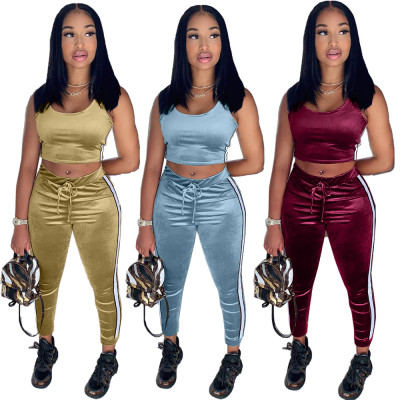 Fashion leisure sports pure color gold velvet two-piece suit JC7024