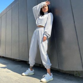 2021 autumn foreign trade women's new style fleece thick loose wild long-sleeved sweater casual trousers suit K21S05563