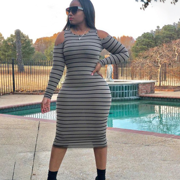 Autumn new style striped off-shoulder long-sleeved fashion casual dress L6211