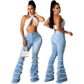 Fashion trend washing hole stitching stretch flared pants HSF2529