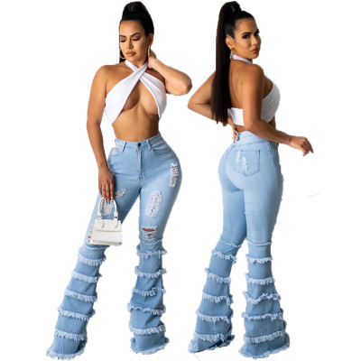 Fashion trend washing hole stitching stretch flared pants HSF2529