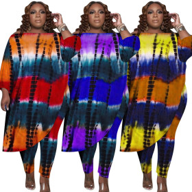Women's tie-dye printing loose oblique shoulder irregular two-piece set L6308
