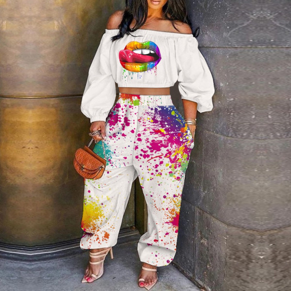 Women's autumn new arrival one-shoulder printed lips fashion casual two-piece suit A8631