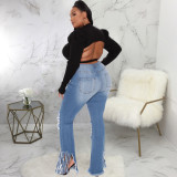 Fashion fringed hole stretch slim fit XL flared pants HSF2592