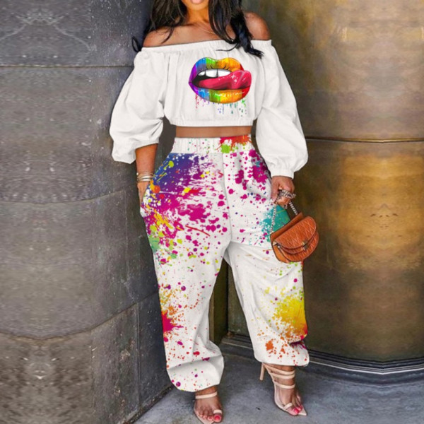 Women's autumn new arrival one-shoulder printed lips fashion casual two-piece suit A8631