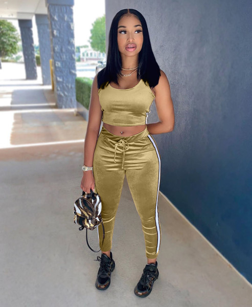 Fashion leisure sports pure color gold velvet two-piece suit JC7024