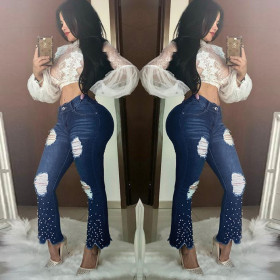 Fashion all-match wide-legged micro-flared trousers with pearl decoration HSF2459