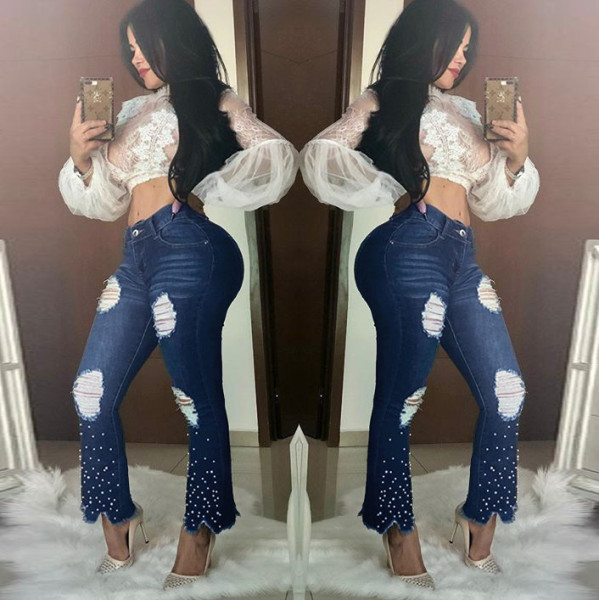 Fashion all-match wide-legged micro-flared trousers with pearl decoration HSF2459