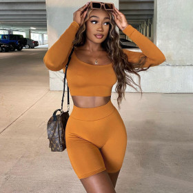 Women's casual fashion solid color long-sleeved shorts two-piece suit XR3004