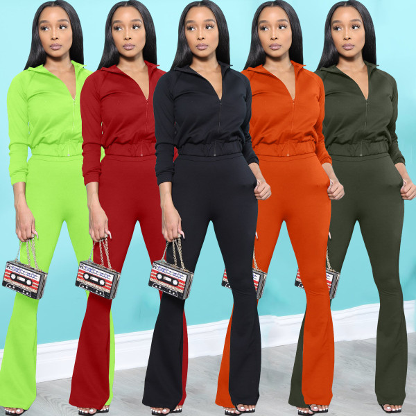 Fashion casual solid color flared pants suit DL88012
