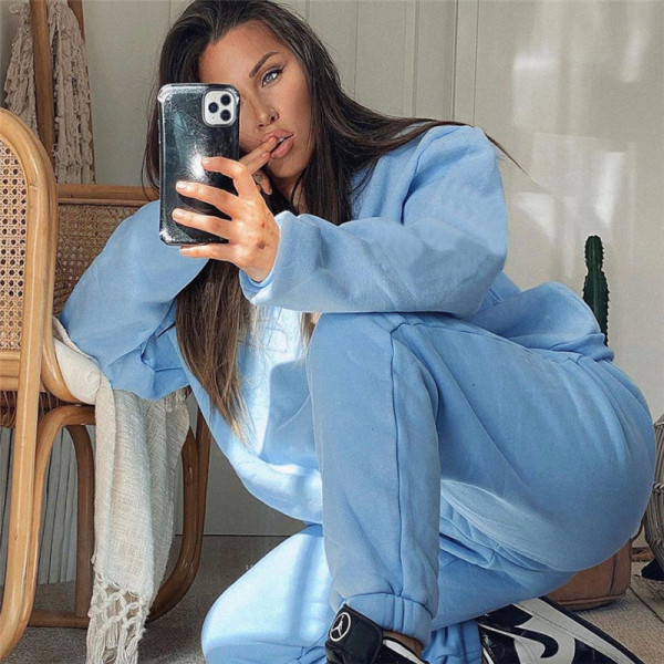 2021 autumn and winter new women's fashion printed trousers loose pullover sweater fleece casual suit K21S05275
