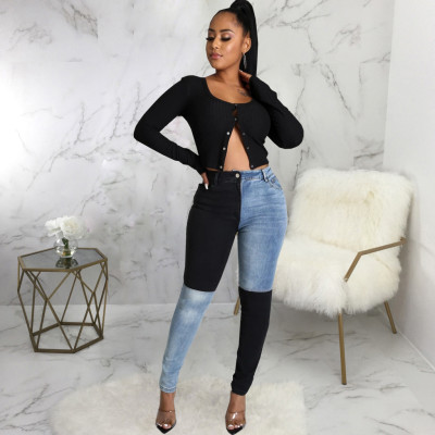 Fashion slim fit all-match stitching denim stretch pants HSF2595