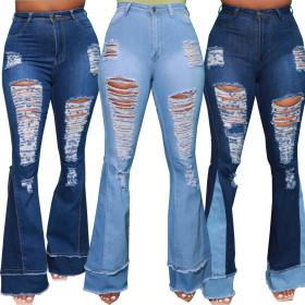 Sexy fashion all-match splicing hole stretch slim flared pants HSF2585