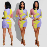 The new autumn 2021 women's fashion sexy slim striped color matching printed dress A8634