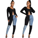 Fashion slim fit all-match stitching denim stretch pants HSF2595