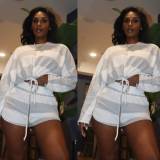 Women's striped stitching contrast color T-shirt casual sports two-piece suit A8629