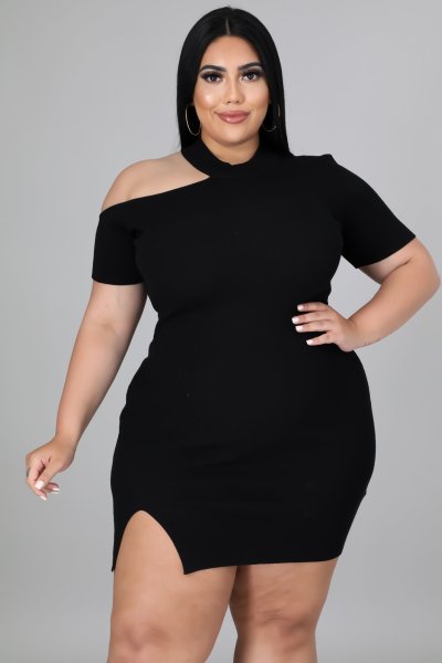 Fat lady plus size women's clothing knitted pit strip side opening off-shoulder dress three-color QJ5293