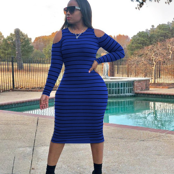 Autumn new style striped off-shoulder long-sleeved fashion casual dress L6211