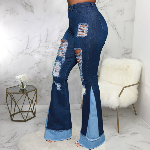 Sexy fashion all-match splicing hole stretch slim flared pants HSF2585