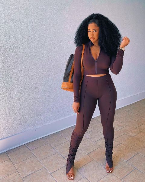 Women's pleated solid color long-sleeved sports suit D8277-1