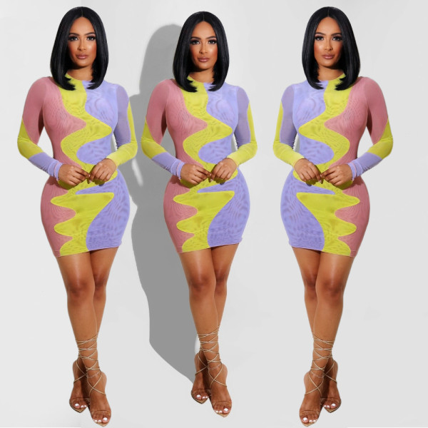 The new autumn 2021 women's fashion sexy slim striped color matching printed dress A8634