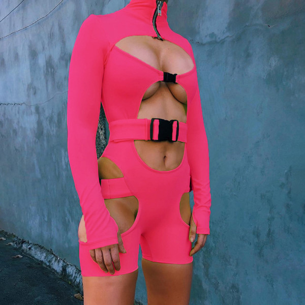 2021 autumn women's new sexy hollow bag hip tight-fitting fluorescent color long-sleeved sports jumpsuit K21S06149