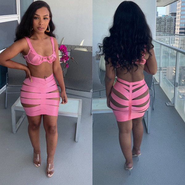 2021 summer new European and American women's nightclub fashion perspective hollow vest sexy hip skirt suit K21S03865