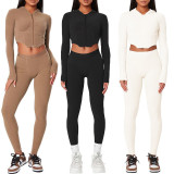 2021 autumn European and American cross-border foreign trade women's new style hooded irregular long-sleeved blouse tight trousers suit women K21S05093