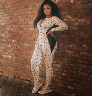 Fashion printed stitching zipper jumpsuit D8457