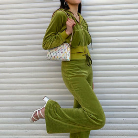 2021 autumn new women's hooded cardigan velvet top high waist straight trousers casual suit women K21S05279