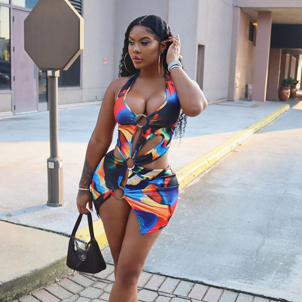 2021 Summer Women's New Fashion Nightclub Sexy Halter Halter Hollow Split Slim Dress K20D09377