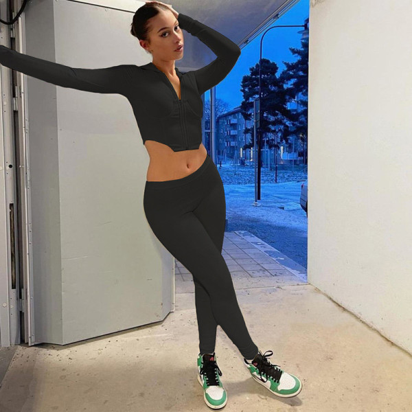 2021 autumn European and American cross-border foreign trade women's new style hooded irregular long-sleeved blouse tight trousers suit women K21S05093