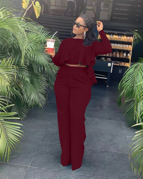 Autumn and winter new style, short front and long back, fashion back, pleated solid color, wide-legged stand-alone two-piece set D8454