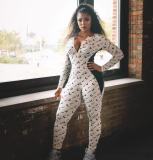 Fashion printed stitching zipper jumpsuit D8457