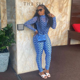 2021 autumn new women's sexy net gauze perspective printing long-sleeved one-piece blouse tight trousers suit K21S05571