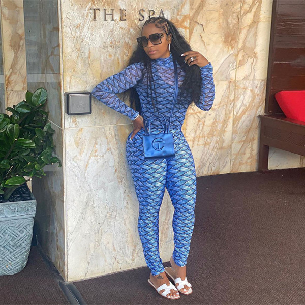 2021 autumn new women's sexy net gauze perspective printing long-sleeved one-piece blouse tight trousers suit K21S05571