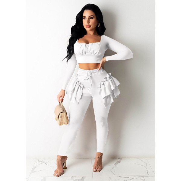 Nightclub clothes two-piece long-sleeved long-sleeved trousers with solid color wood ears ZH8560