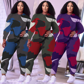 Fat lady leisure sports suit camouflage print plus size two-piece suit ZH8562