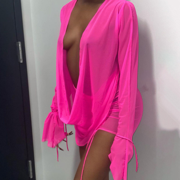 2021 autumn women's new long-sleeved solid color fashion pile collar ruffled perspective sexy short skirt suit K21S05149