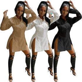 Sexy stitching solid color irregular split shirt high waist dress HM5386
