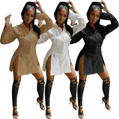 Sexy stitching solid color irregular split shirt high waist dress HM5386