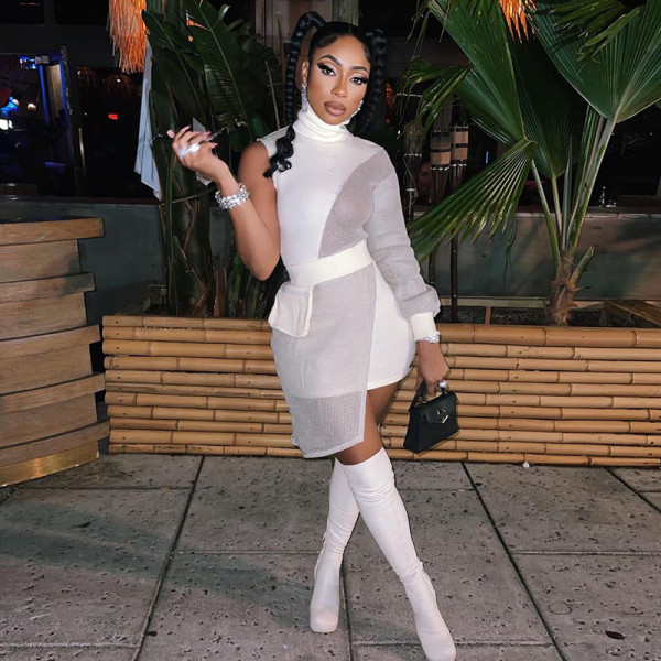 2021 autumn women's new fashion personality single-sleeve fake two-piece high neck pocket mesh sexy dress K21D04891