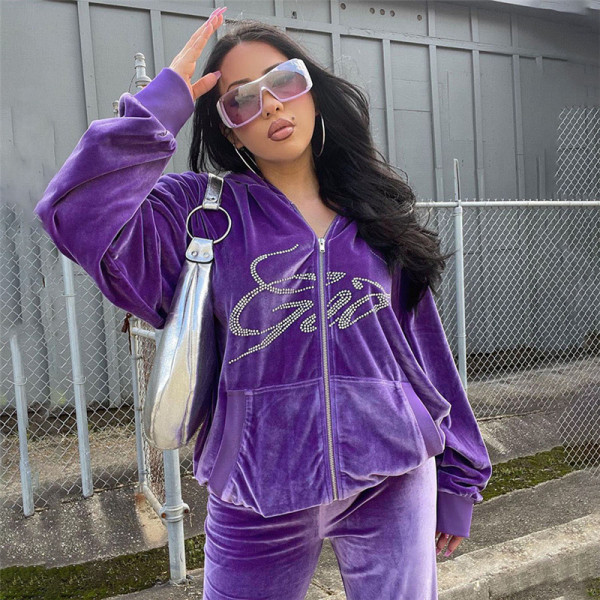 2021 Fall Women's New Fashion Hooded Sweater Cardigan Loose Long Sleeve Zipper Rhinestone Casual Suit K21S04347