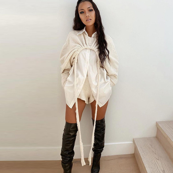 2021 autumn women's new ladies fashion solid color long-sleeved drawstring shorts two-piece suit K21S04813