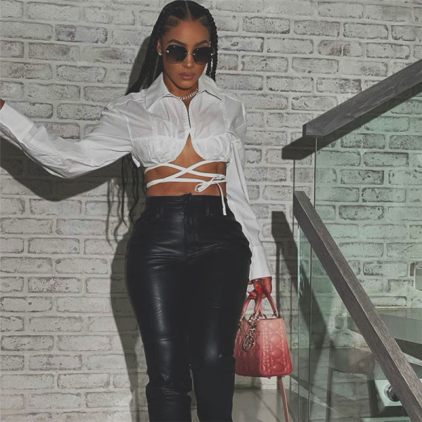 2021 autumn women's new style tops fashion lapel solid color lace-up slim cropped casual shirt K21L03311